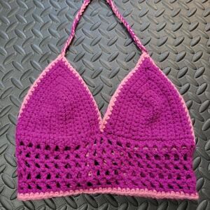 Handmade Crochet Halter Top Pink Purple Knit Bralette Festival Boho Bikini Top